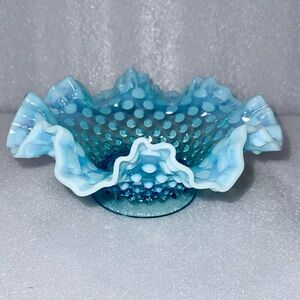 Fenton Art Glass Blue Opalescent Hobnail Epergne Candle Bowl